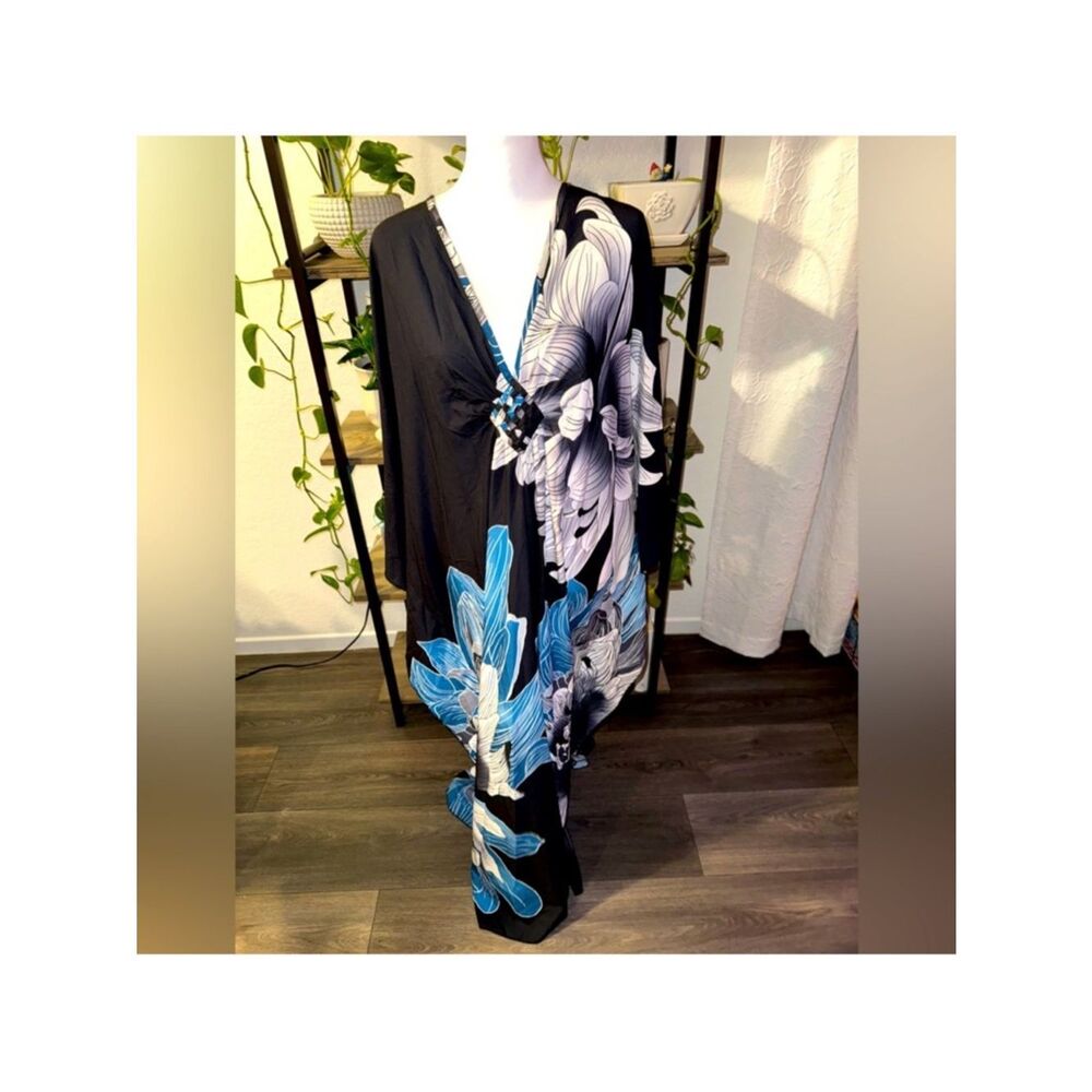 Black Floral Caftan with Blue & White Blooms
